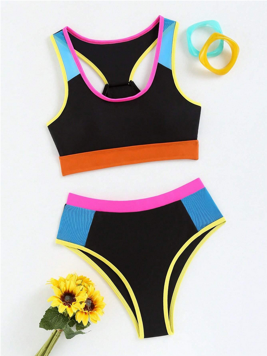 SHEIN Teen Girls Color Block Contrast Binding Racer Back Bikini